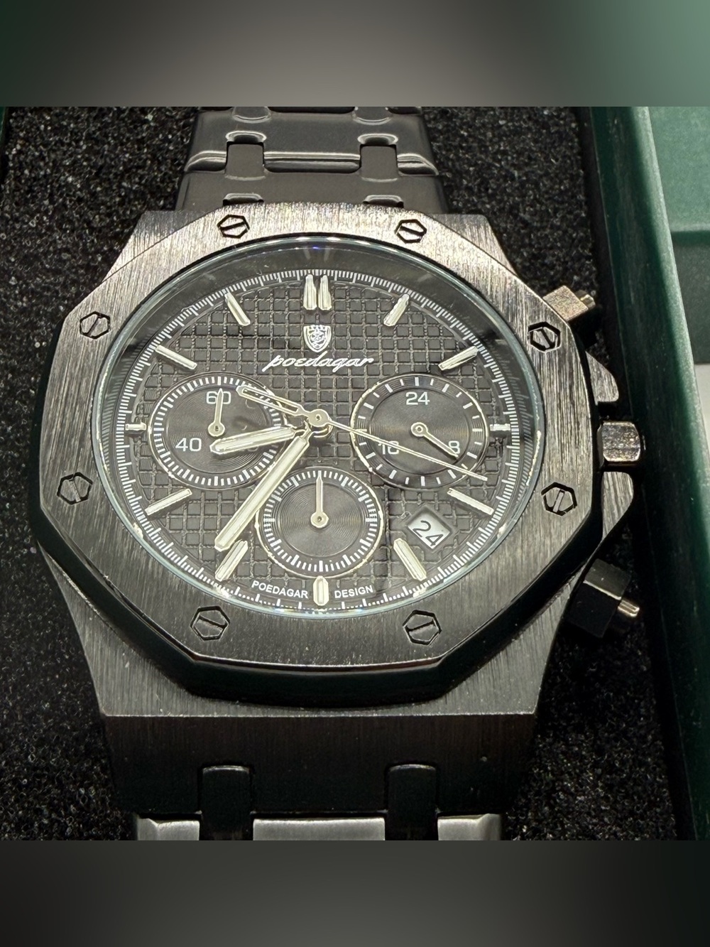 POEDAGAR AP Chronograph 42mm Full Black Stainless Steel Watch